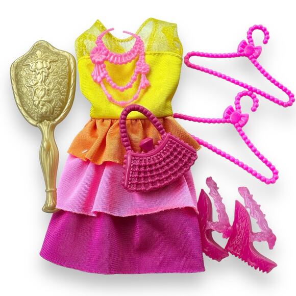 Barbie Ultimate Curls Doll Clothes Lot: Layered Dress, Heels, Mirror, Purse - Picture 1 of 7